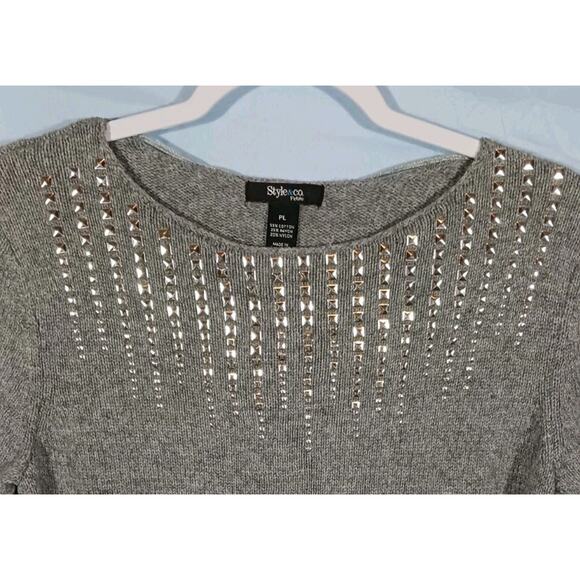 Style & Co Women's PL Gray Metal Embellished 3/4 Sleeve Sweater Cotton Rayon - Picture 4 of 6